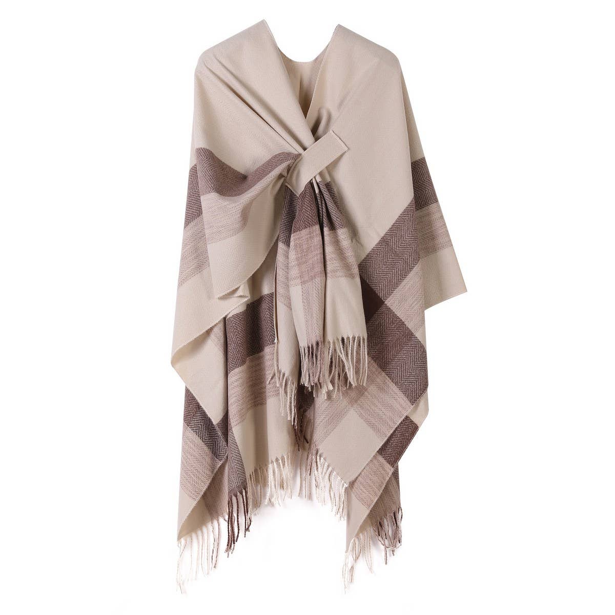 FRINGED CAPE FIXED TIE SHAWL FAUX CASHMERE SCARF_CWASC2160