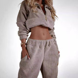 Zipper Plush Casual Solid Color Loose Waist Suit