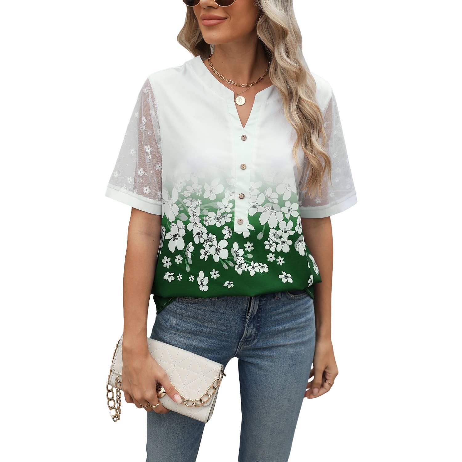 V-Neck Printed Chiffon Top With Lace Sleeves