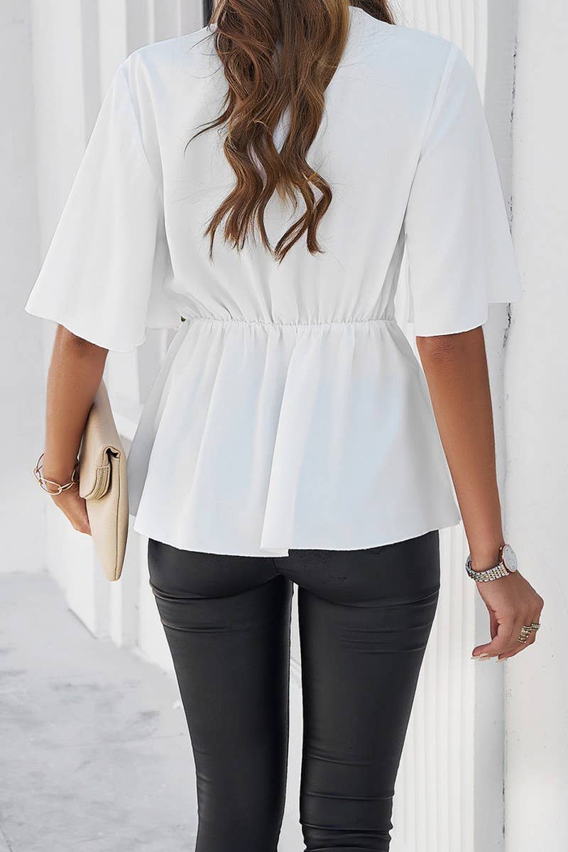 Solid Color Elegant Short Sleeved Belted Top_Cwtsts0323