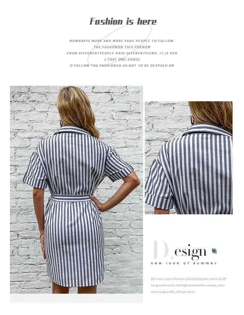 Striped Lapel Lace-Up Shirt Dress
