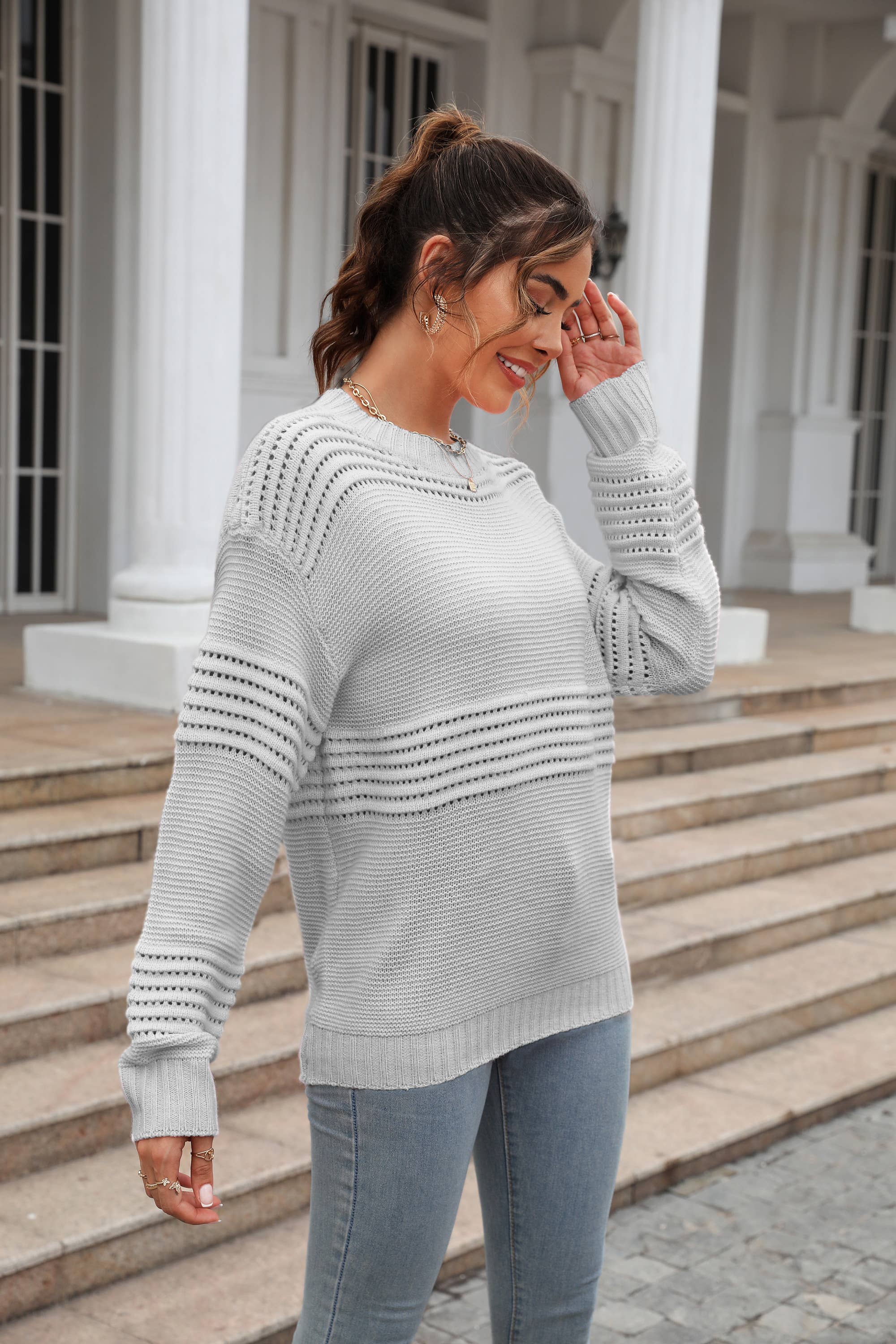 Solid Color Long Sleeve Pit Pullover Sweater For Women