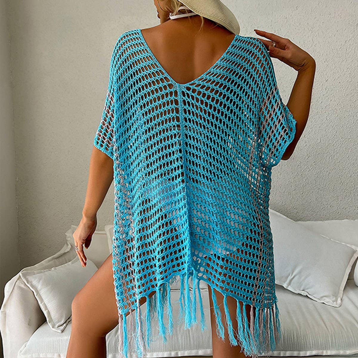 FRINGED CUTOUT BIKINI BEACH SWIMSUIT COVER UP_CWMW0672