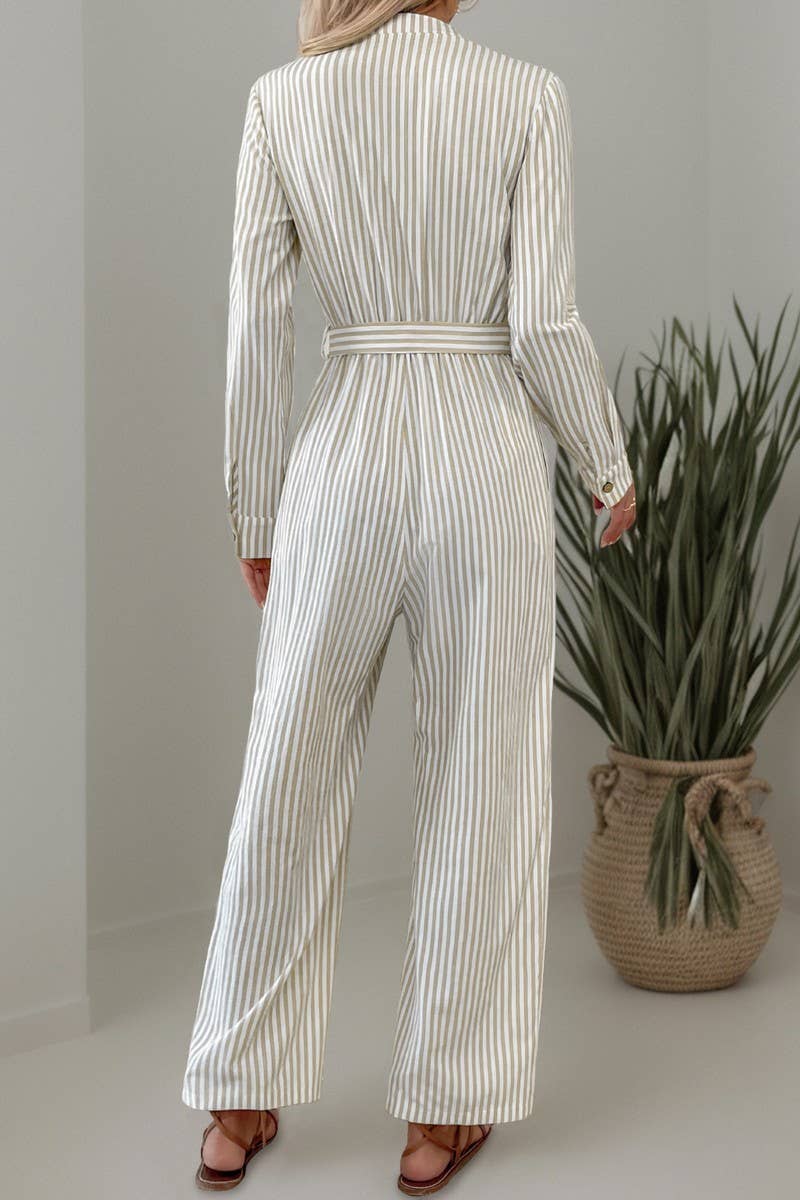 Cwsbsl0134_V-Neck Commuter Style Striped Lace-Up Jumpsuit