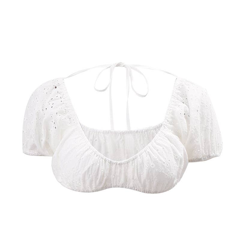 U-Neck Backless Sweet Crochet Puff Sleeve Top