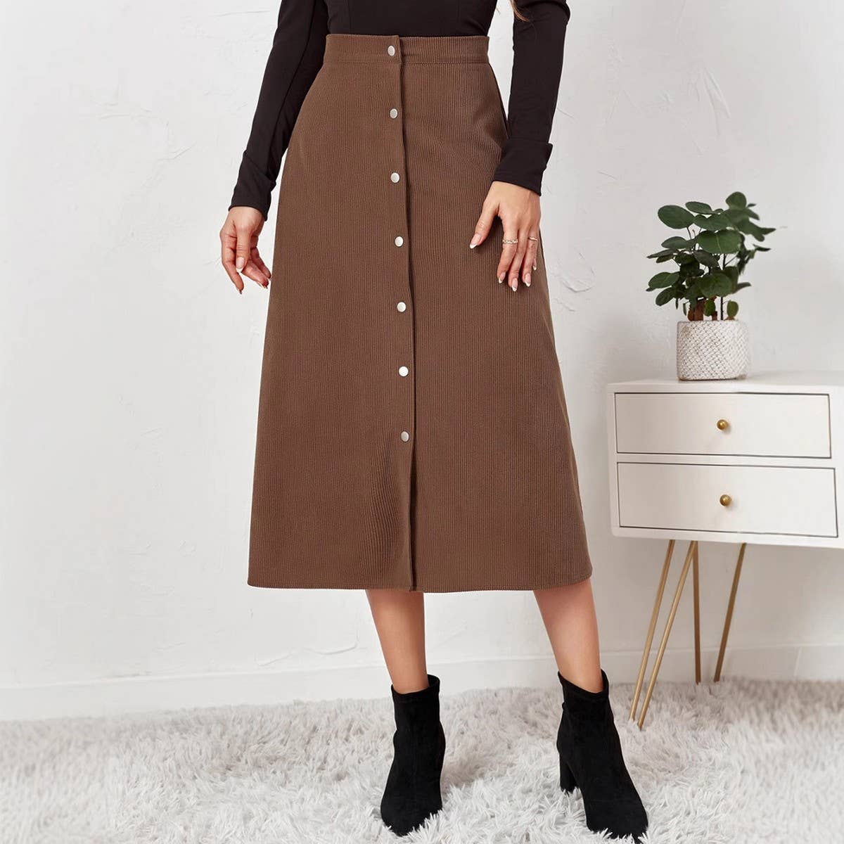 CORDUROY SKIRT SINGLE BREASTED HIGH WAISTLONGSKIRT_CWBSS0372