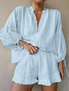Cotton Linen V-Neck Lantern Sleeve Shorts Suit