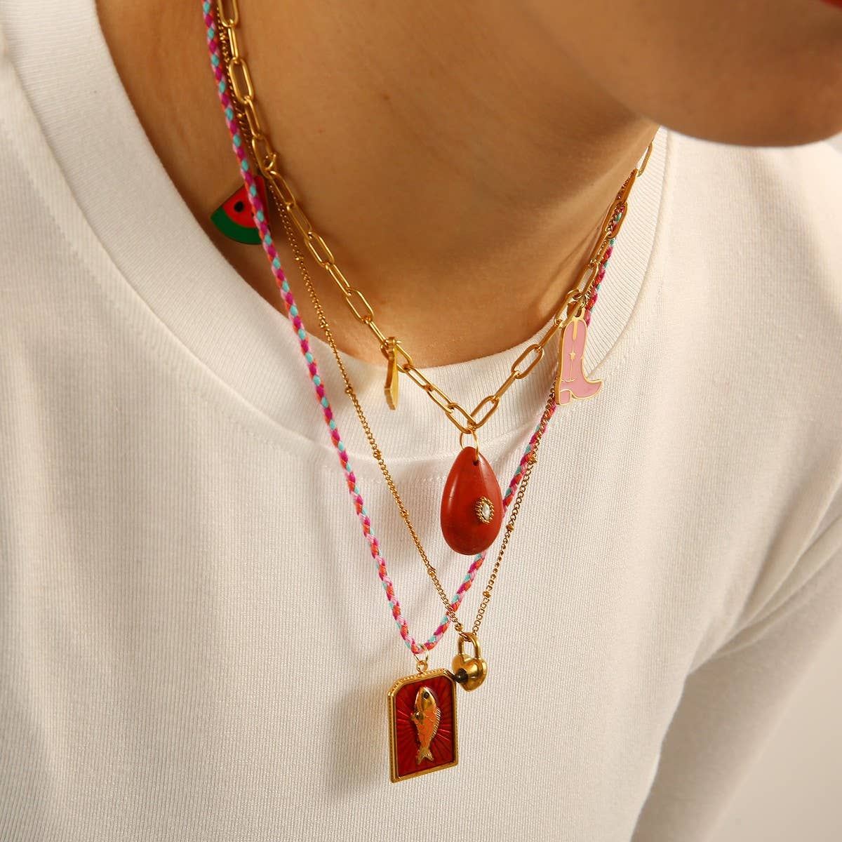 FRUIT PENDANT NECKLACE WITH STONE COTTON CORD_CWMM8873