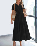 V-Neck Pleated Puffy Sleeve Short Sleeved Dress