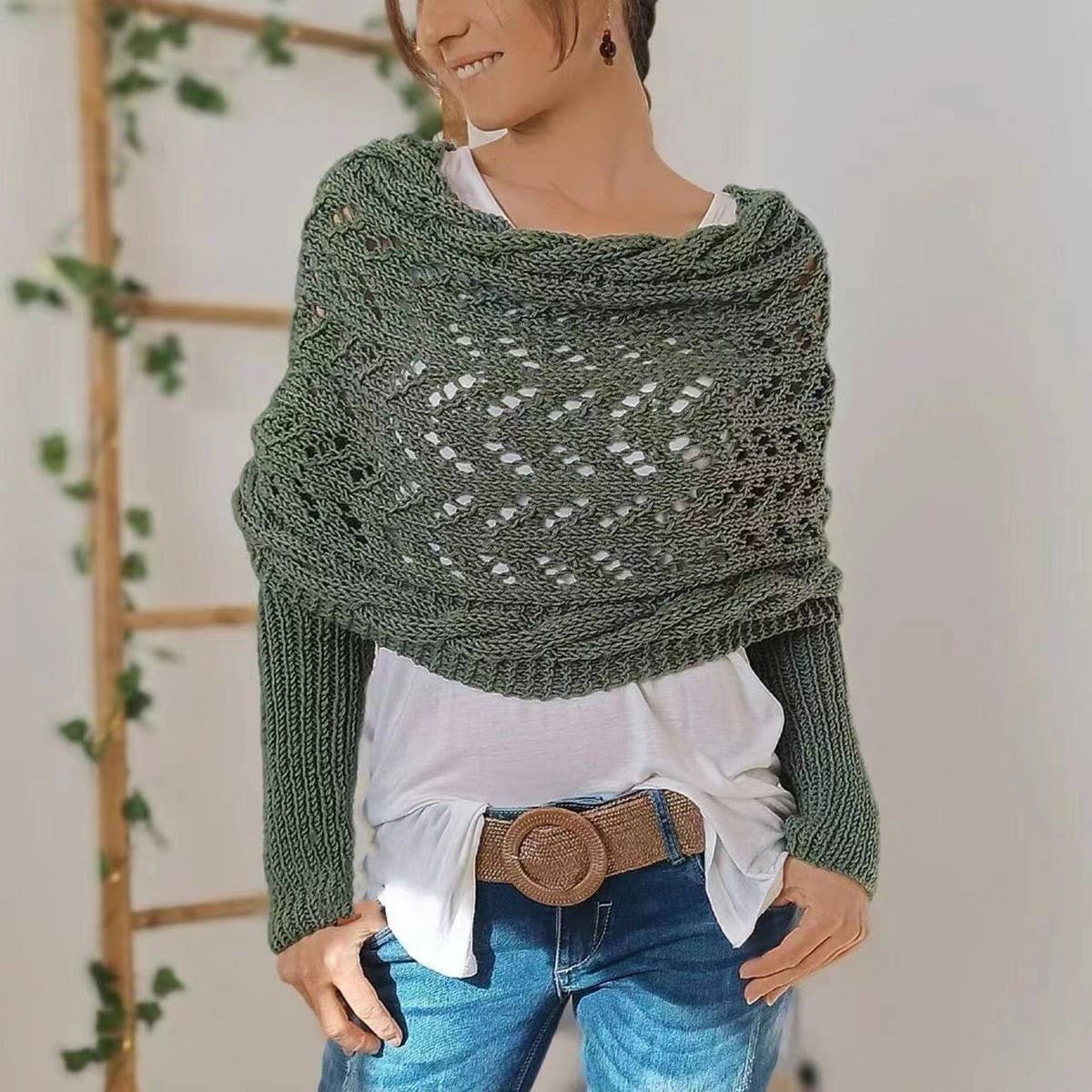 Cwasc1793_Twisted Hollow Long Sleeve Shawl Collar Scarf