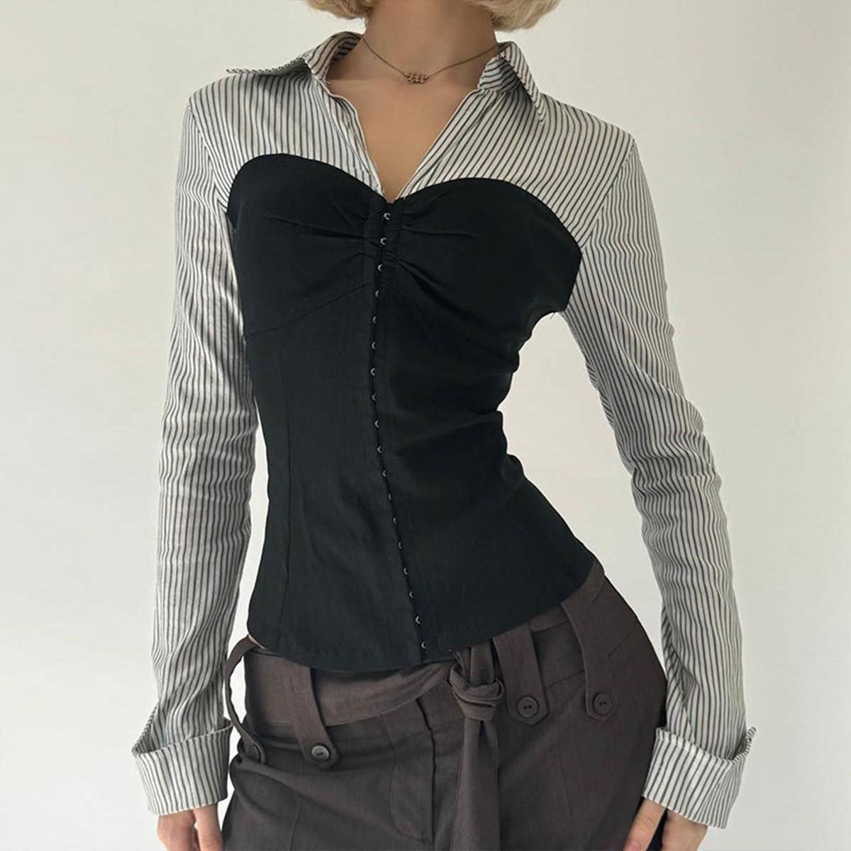 Waist Slim-Fit Lapel Color Striped Shirt