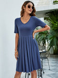 Solid Color V-Neck Basic Pleated Casual Dress