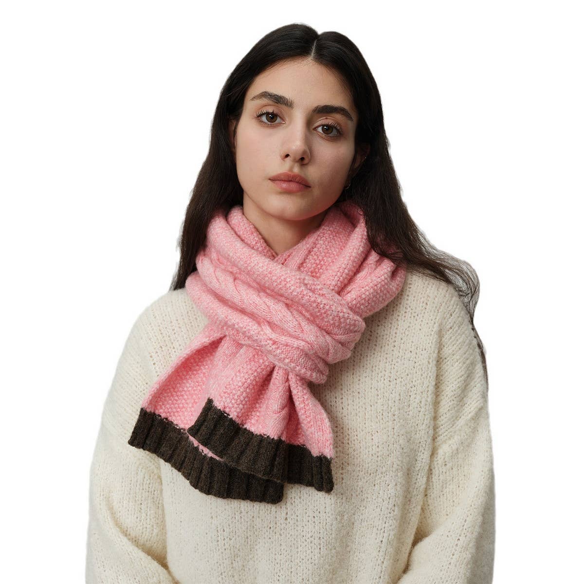 Twist Knit Wool Blend Scarf Cozy Two-Tone Wrap_Cwasc1283