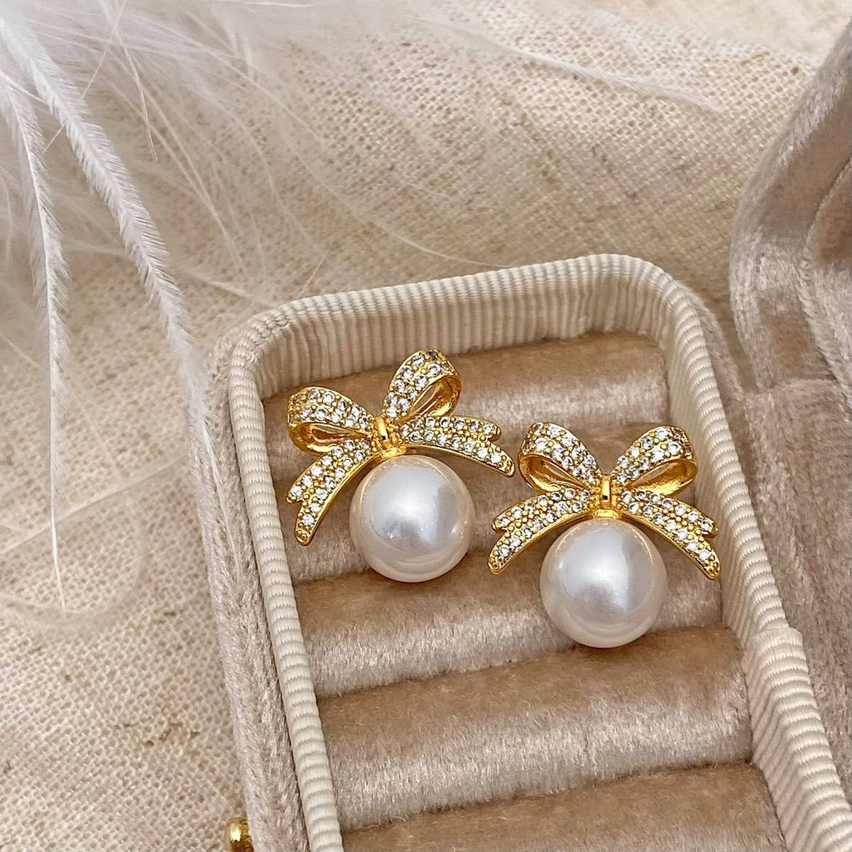 Womens Vintage Full Diamond Bow Pearl Earrings