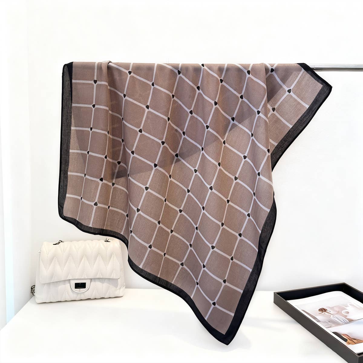 Elegant Plaid Satin Square Neck Scarf Wrap_Cwasc03320