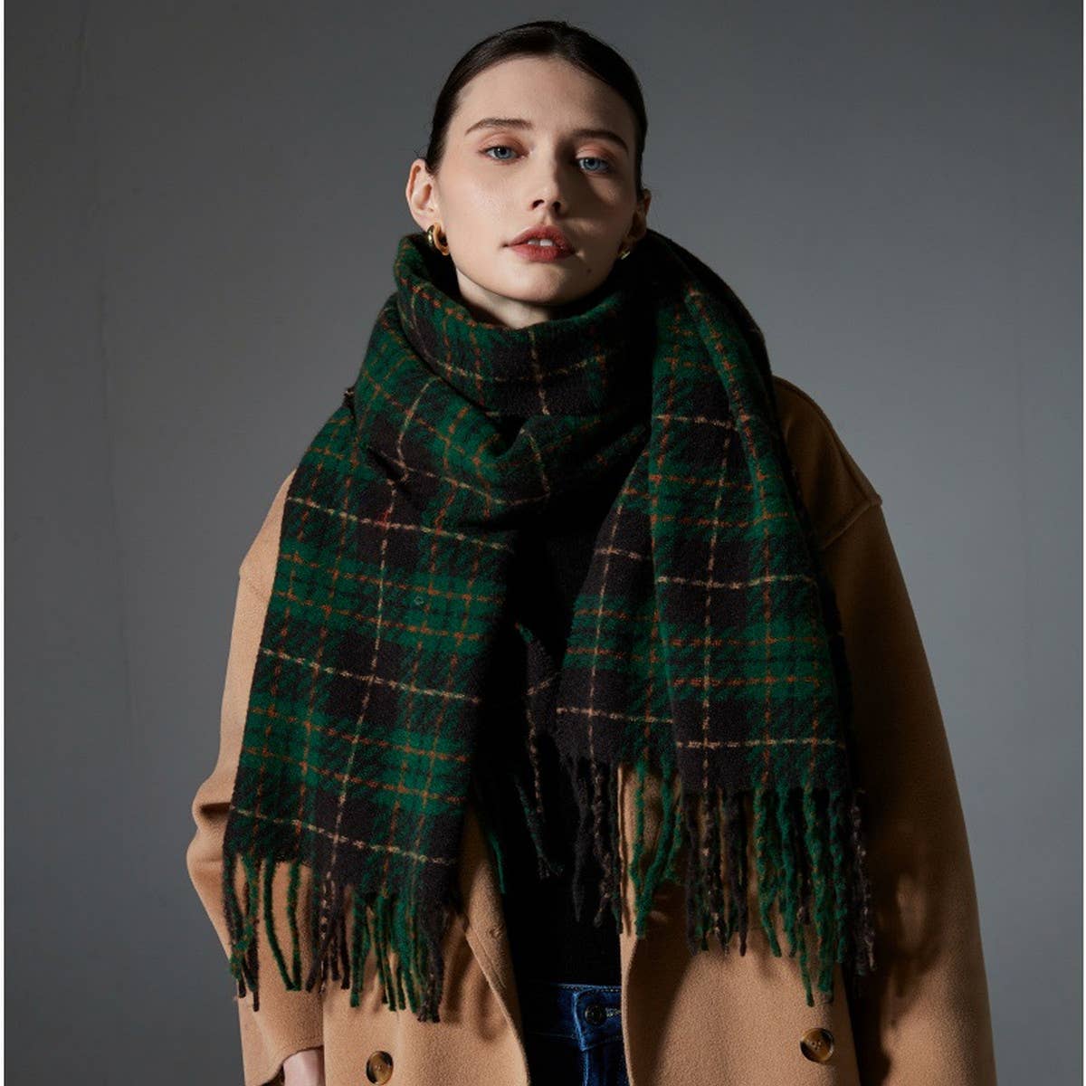 GREEN PLAID FRINGE SCARF WINTER WRAP FOR WOMEN_CWASC1276