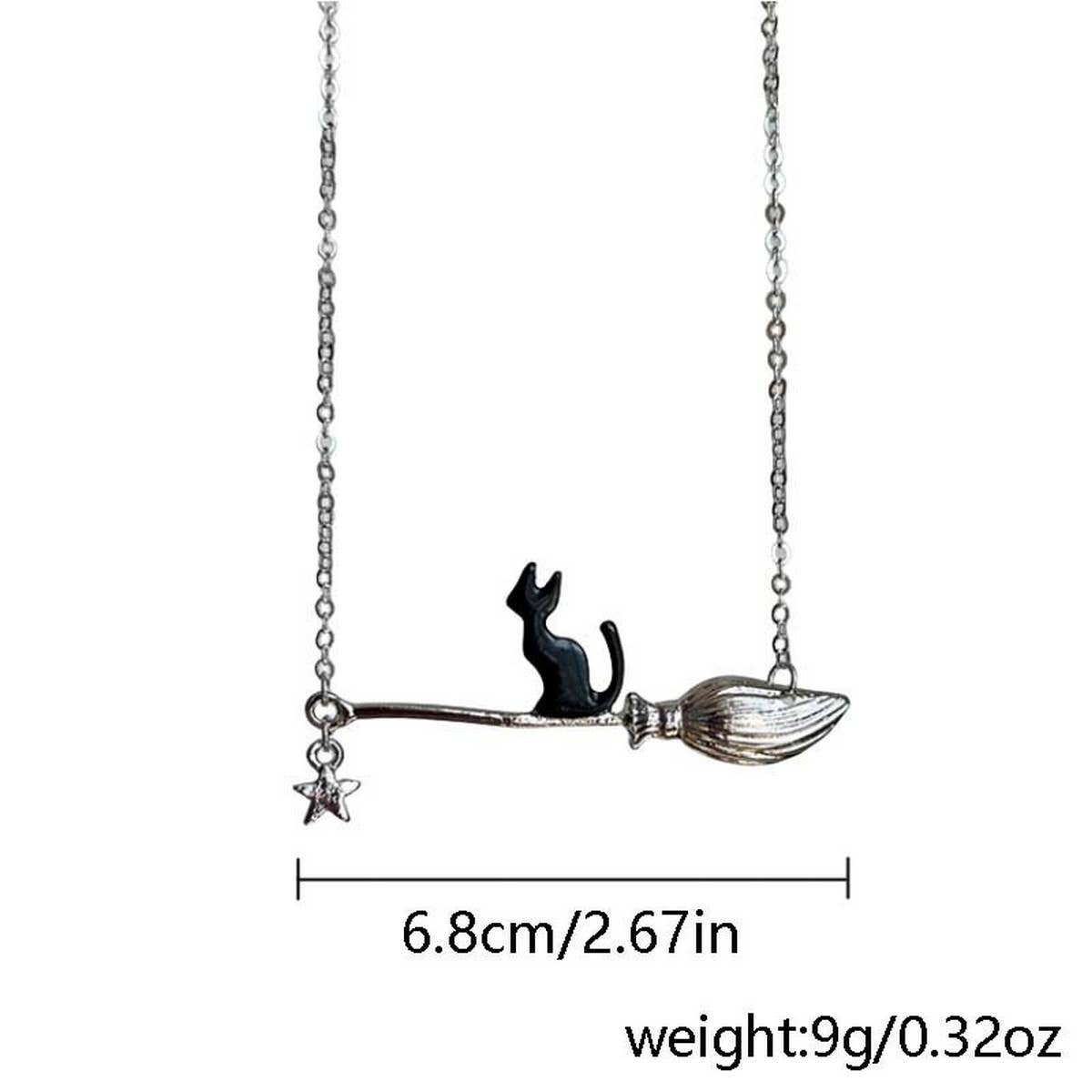 HALLOWEEN MAGIC BROOM BLACK CAT NECKLACE_CWAJE2434