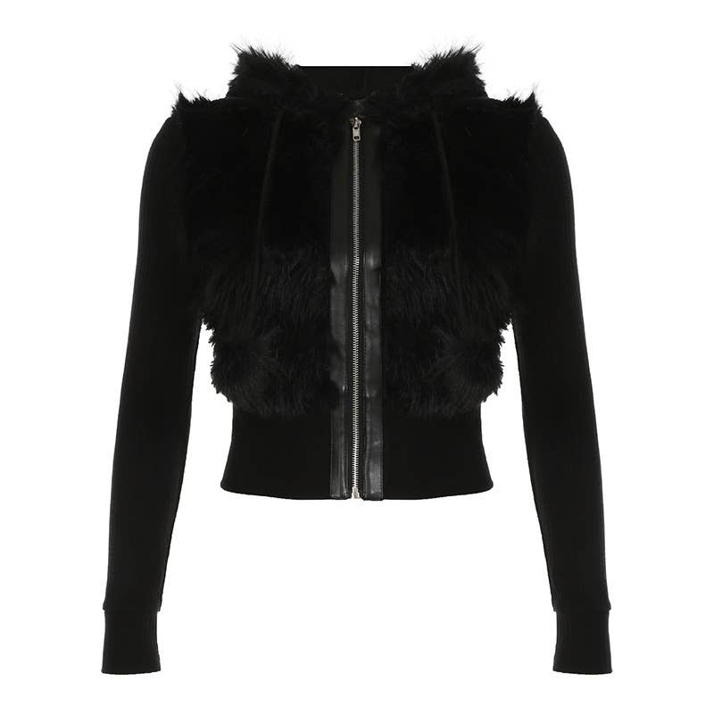 Vintage Cratered Patchwork Furry Hoodie Jacket