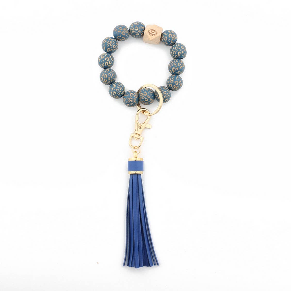 LEOPARD WOOD BEAD BRACELET KEYCHAIN WITH TASSEL_CWMM7016