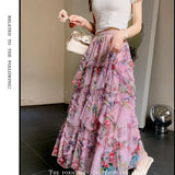 COLORFUL FLORAL MESH PRINT PLEATED TULLE SKIRT_CWBLS0399