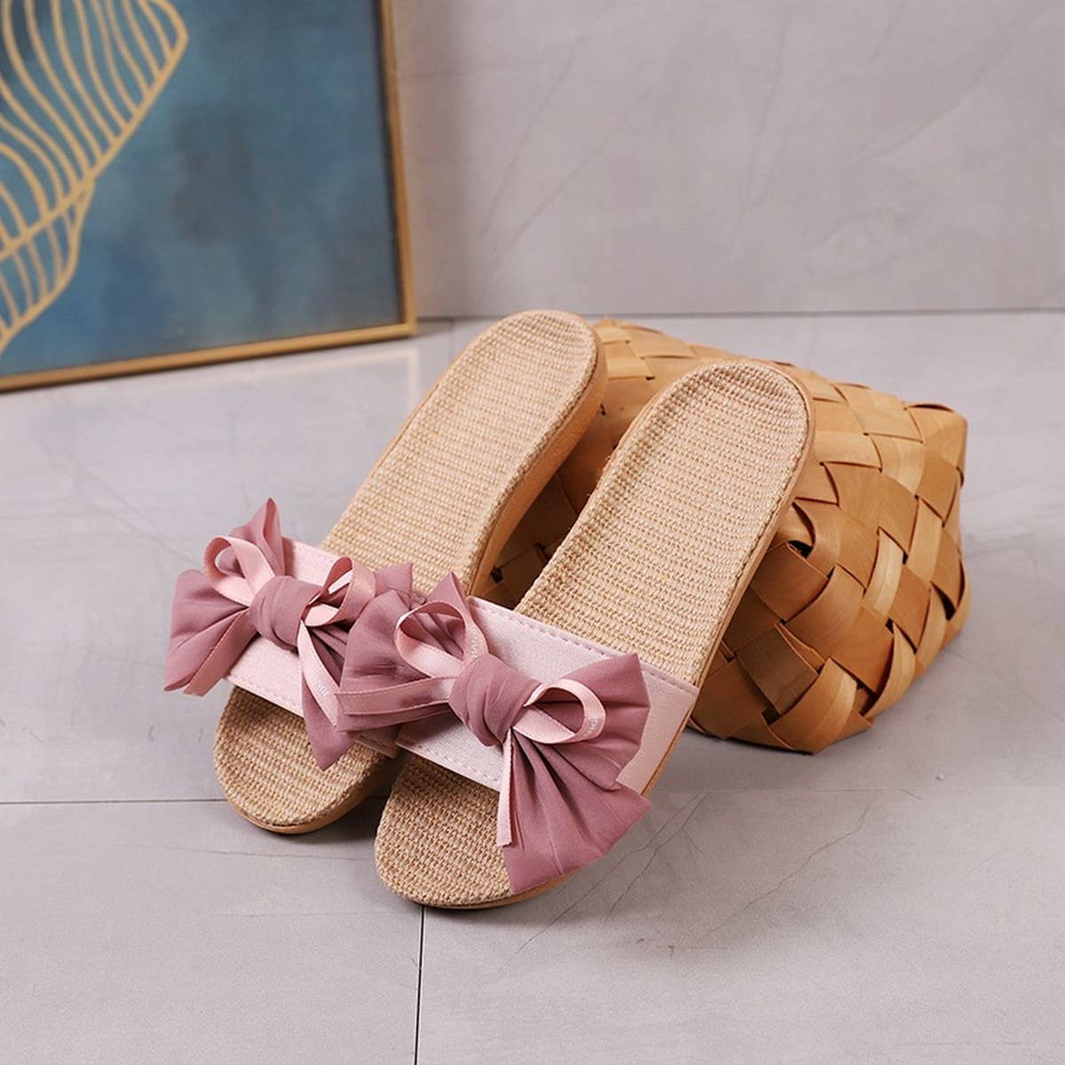 CUTE BOW LINEN SLIPPERS FOR HOME OFFICE_CWSHF0177