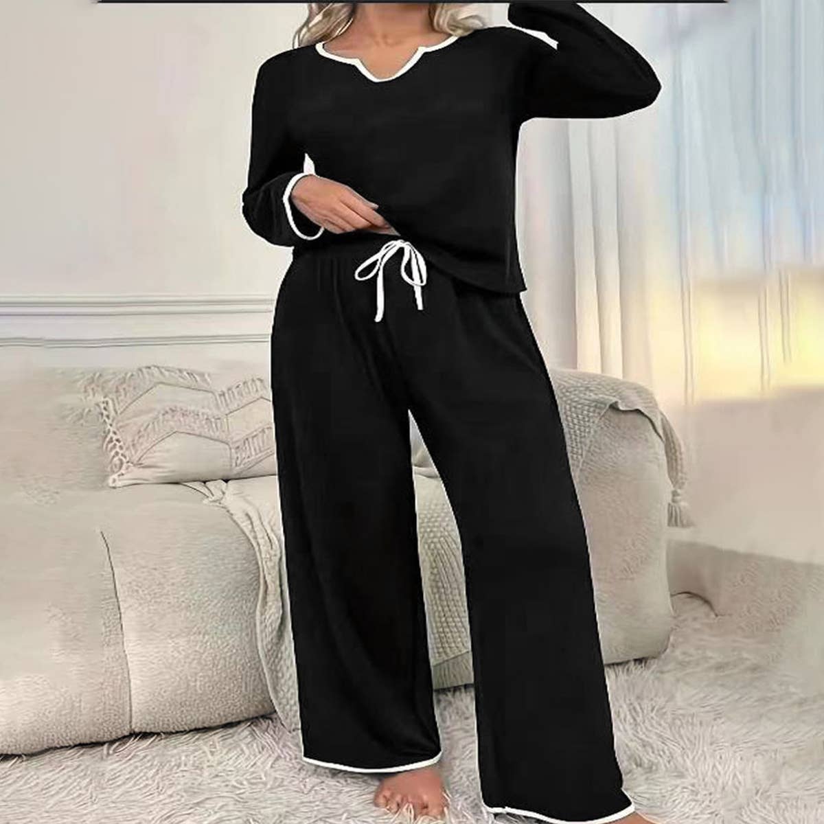 V-Neck Loose Comfortable Drawstring Pantsuit