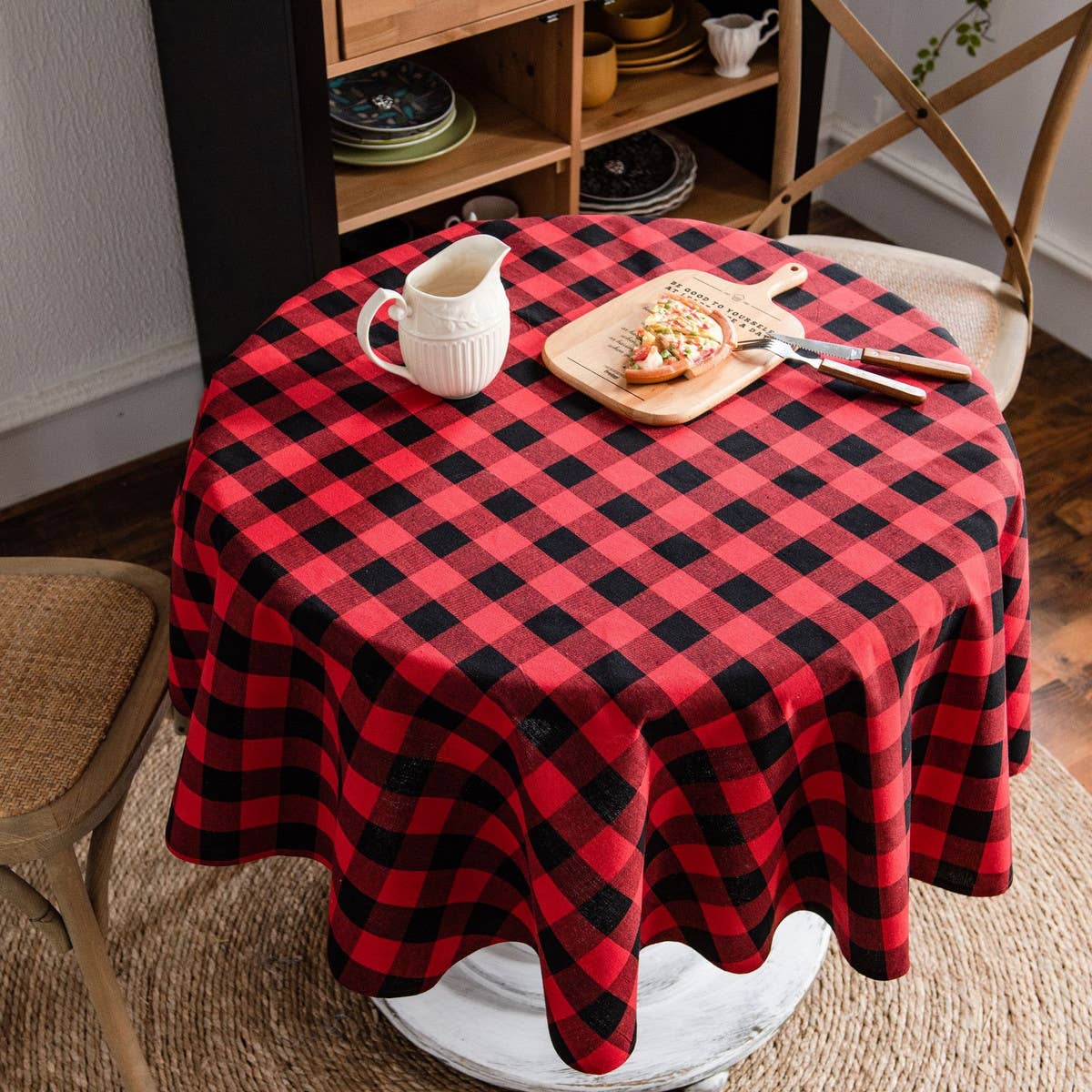 ROUND COTTON AND LINEN PLAID TABLECLOTH_CWMM0974