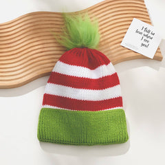 Cwah04355_Kids Red Green Striped Knit Hat