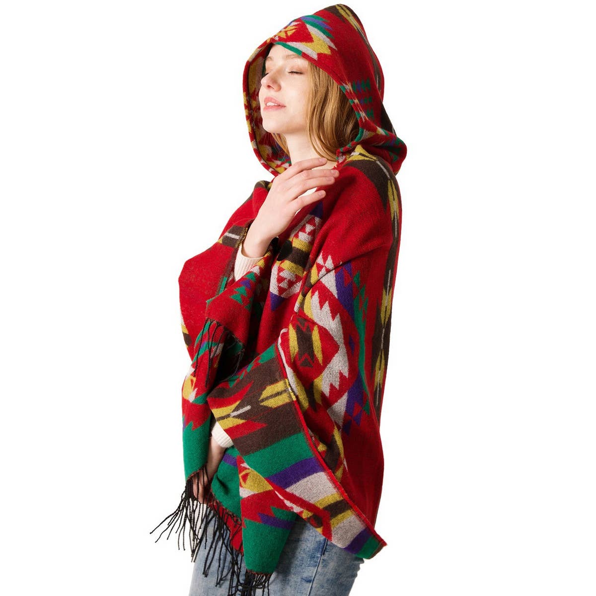 HORN BUTTON BOHEMIAN HOODED CAPE SHAWL_CWASC1201