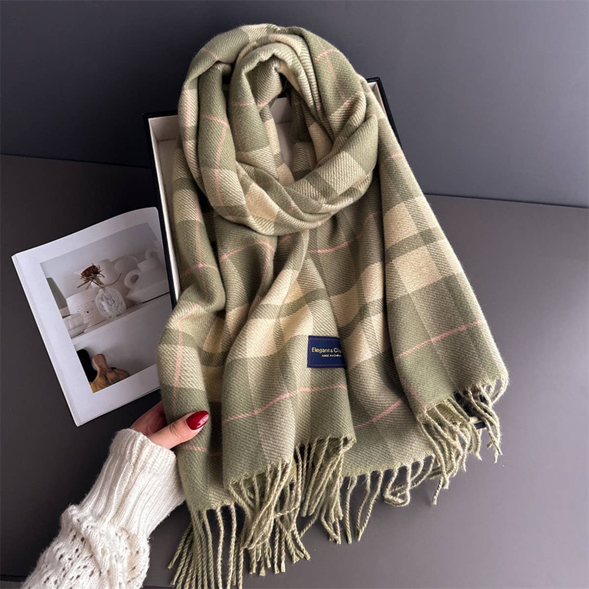 Fresh Plaid Cashmere Feel Tassel Scarf Wrap_Cwasc03245