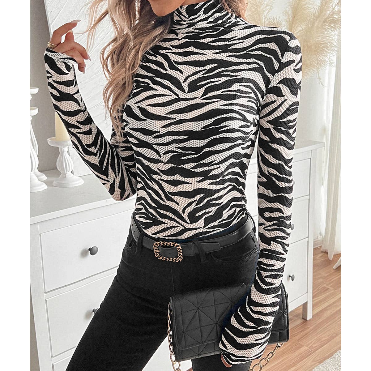 STYLISH ZEBRA PRINT MESH HIGH NECK FITTED TOP_CWTBLL3425