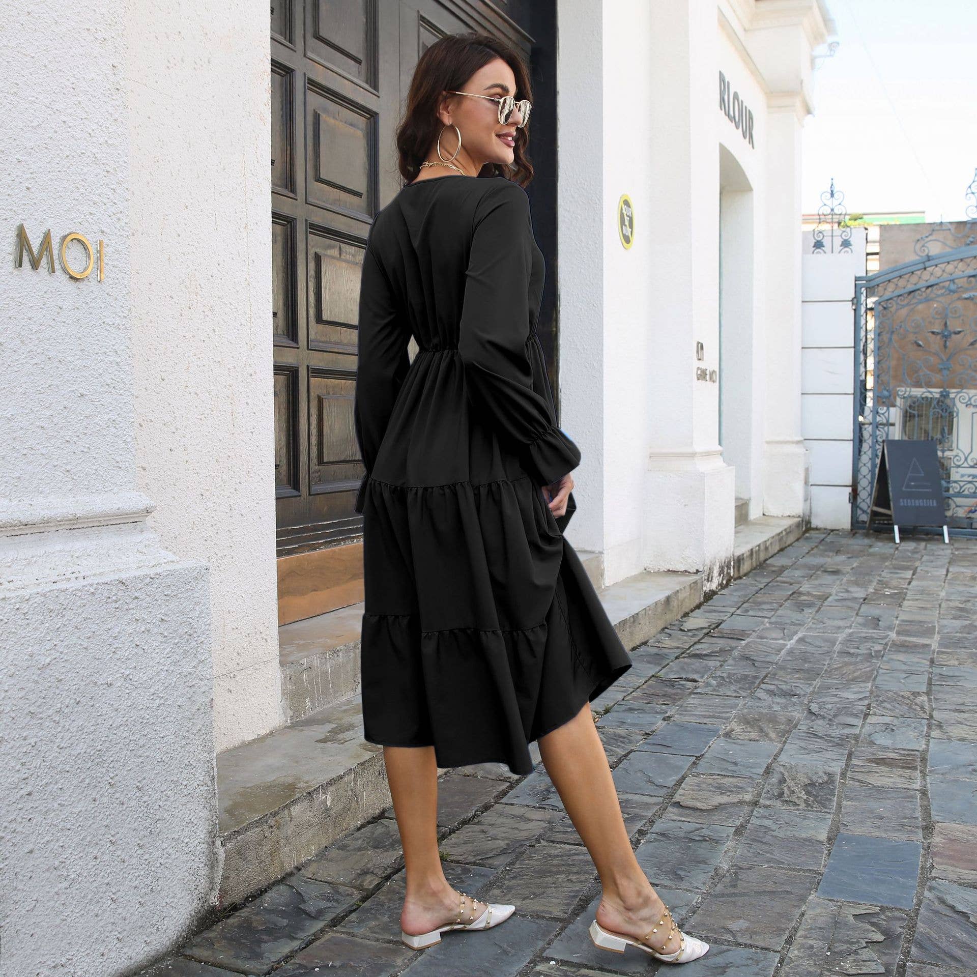 V-Neck Layered Flared Sleeves Long-Sleeved Dress