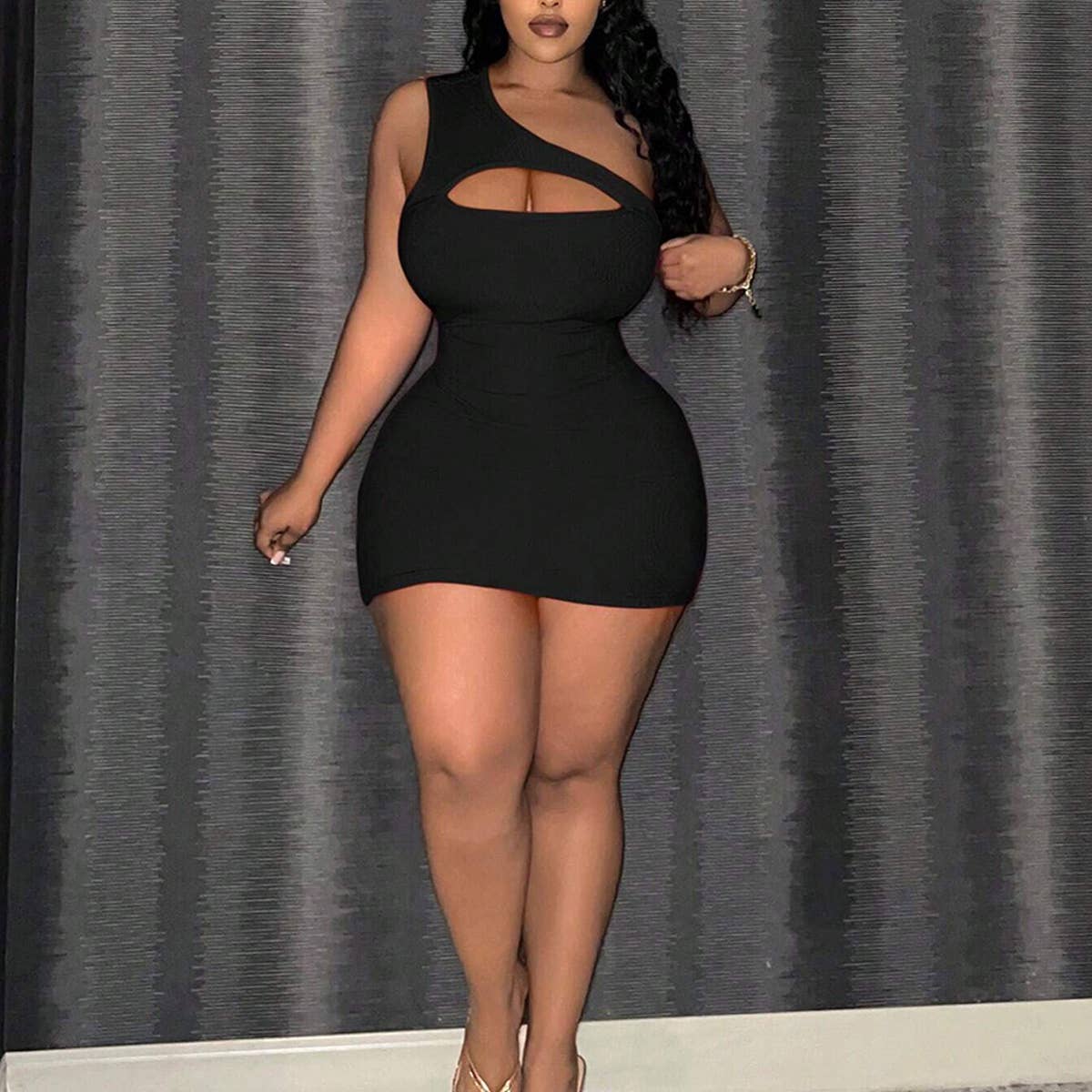 CHIC ONE SHOULDER CUTOUT SLEEVELESS MIDI DRESS_CWDMD6061