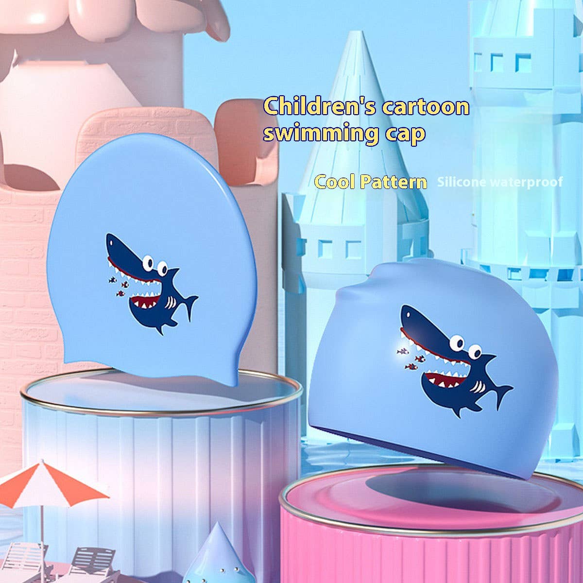 BOYS SILICONE SWIM CAP CUTE SHARK PRINT_CWMM6784