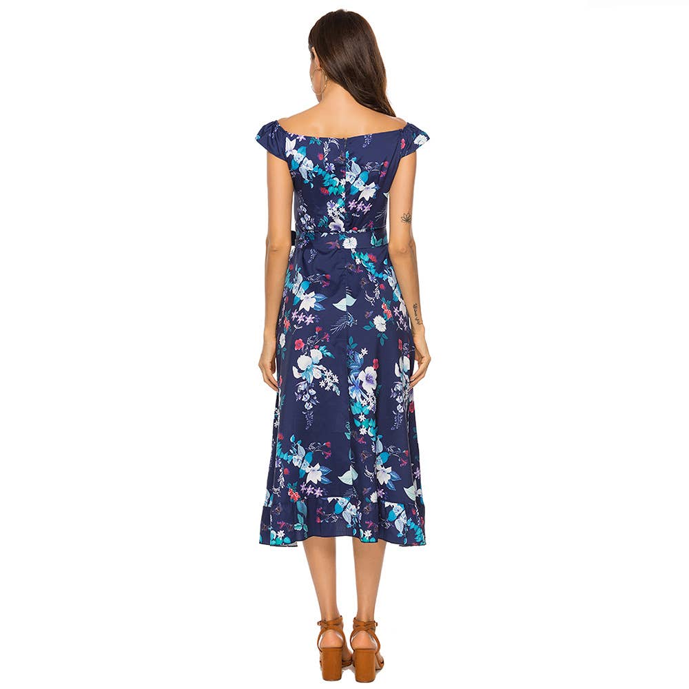 Tied Waist Printed Long Sexy Short-Sleeved Dress