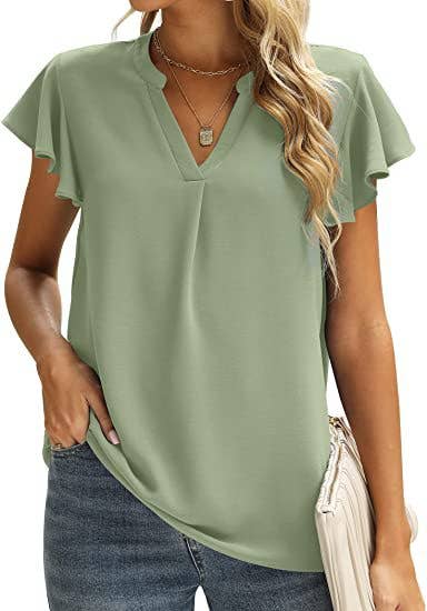 V-Neck Fly Sleeve Short Sleeve Solid Color Top