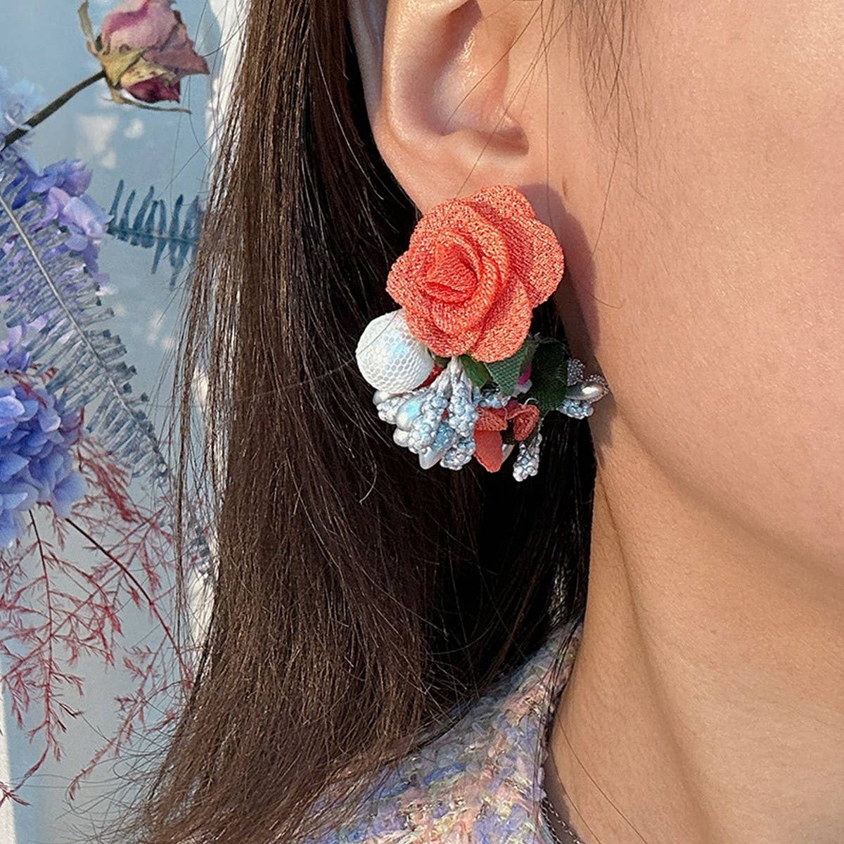PEARL FABRIC FLOWER STUD EARRINGS UNIQUE DESIGN_CWMM6256