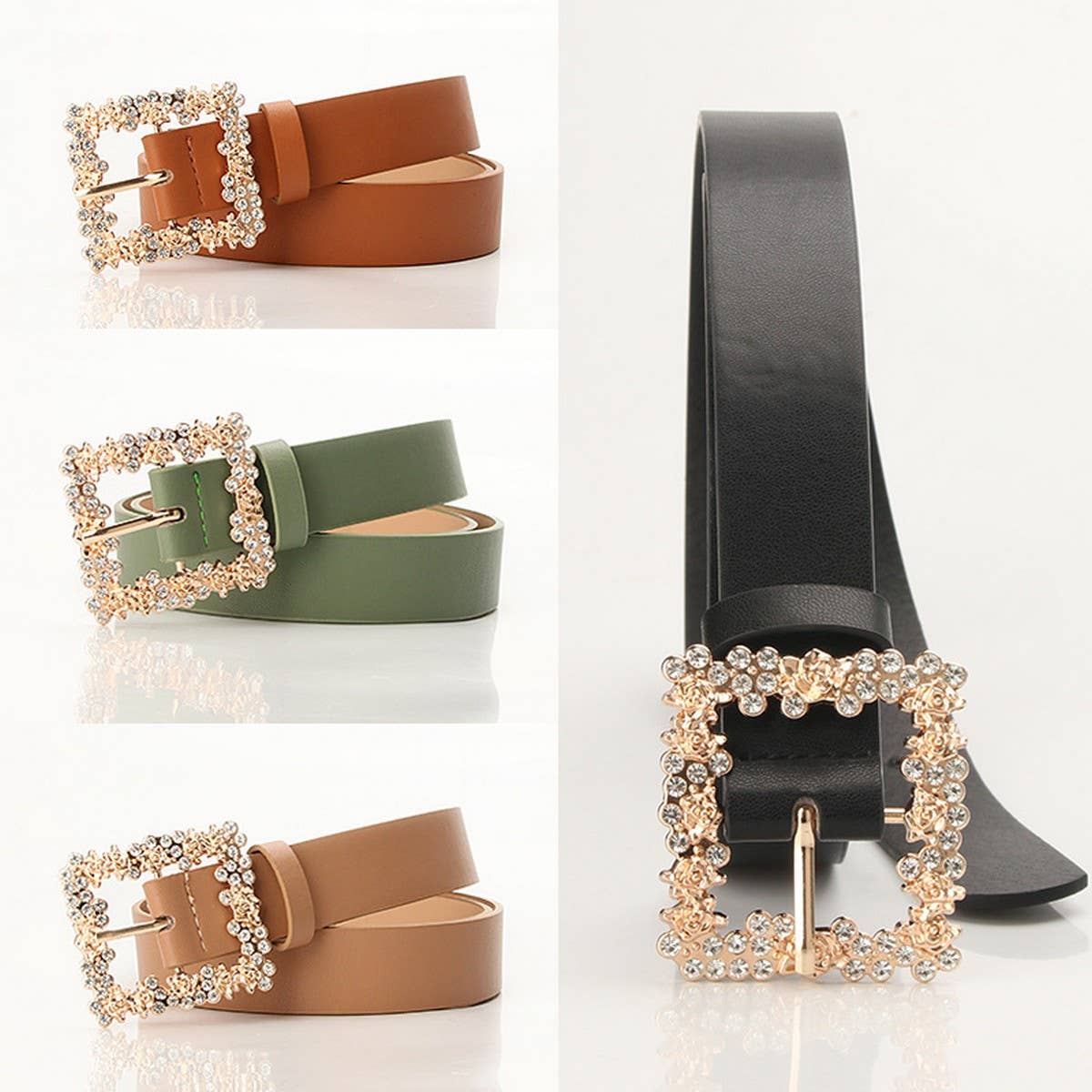 ROSE PATTERN RHINESTONE BUCKLE BELTS FOR WOMEN_CWABE0404