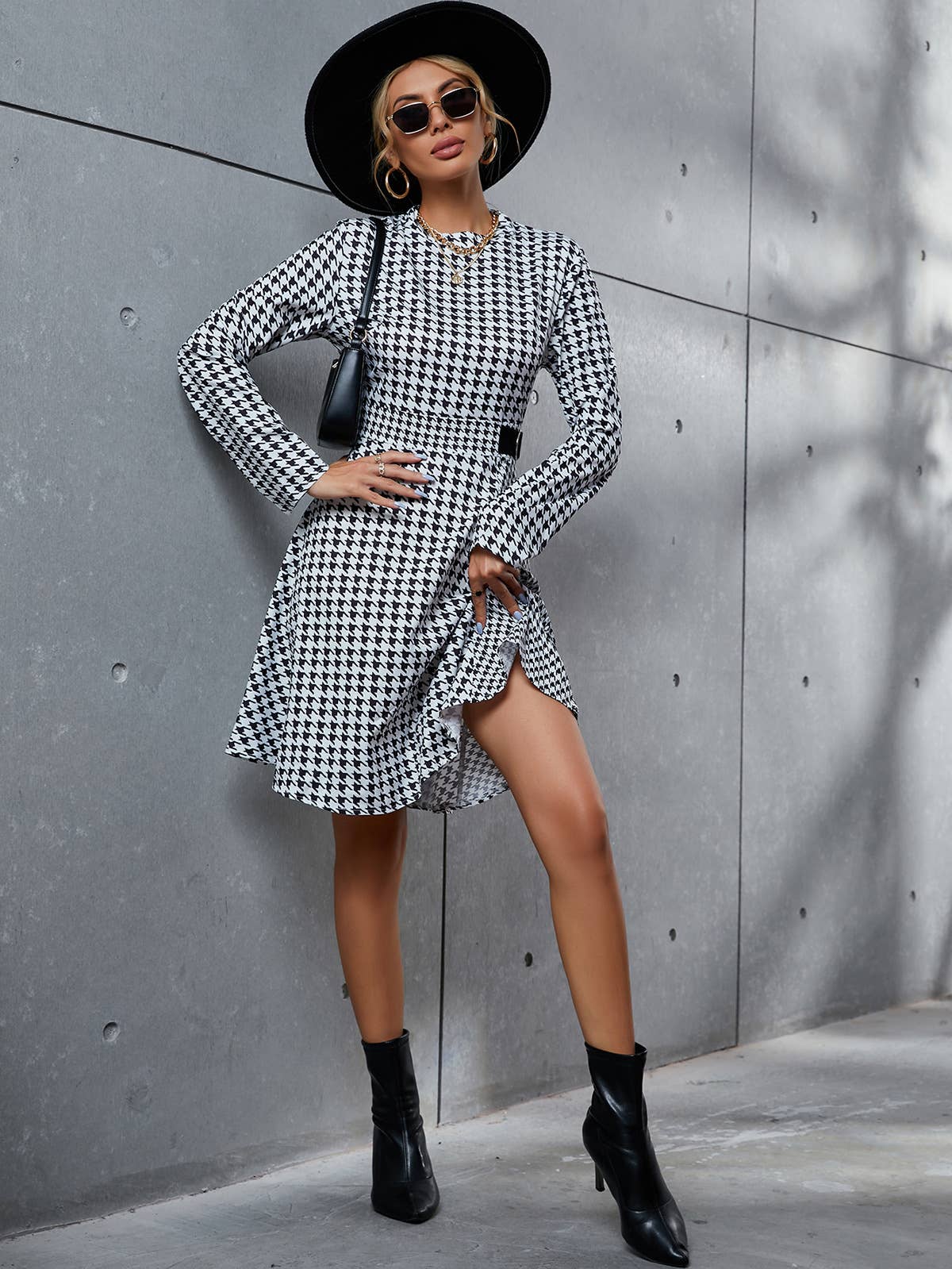 Thousand-Bird Plaid Long-Sleeved Dress