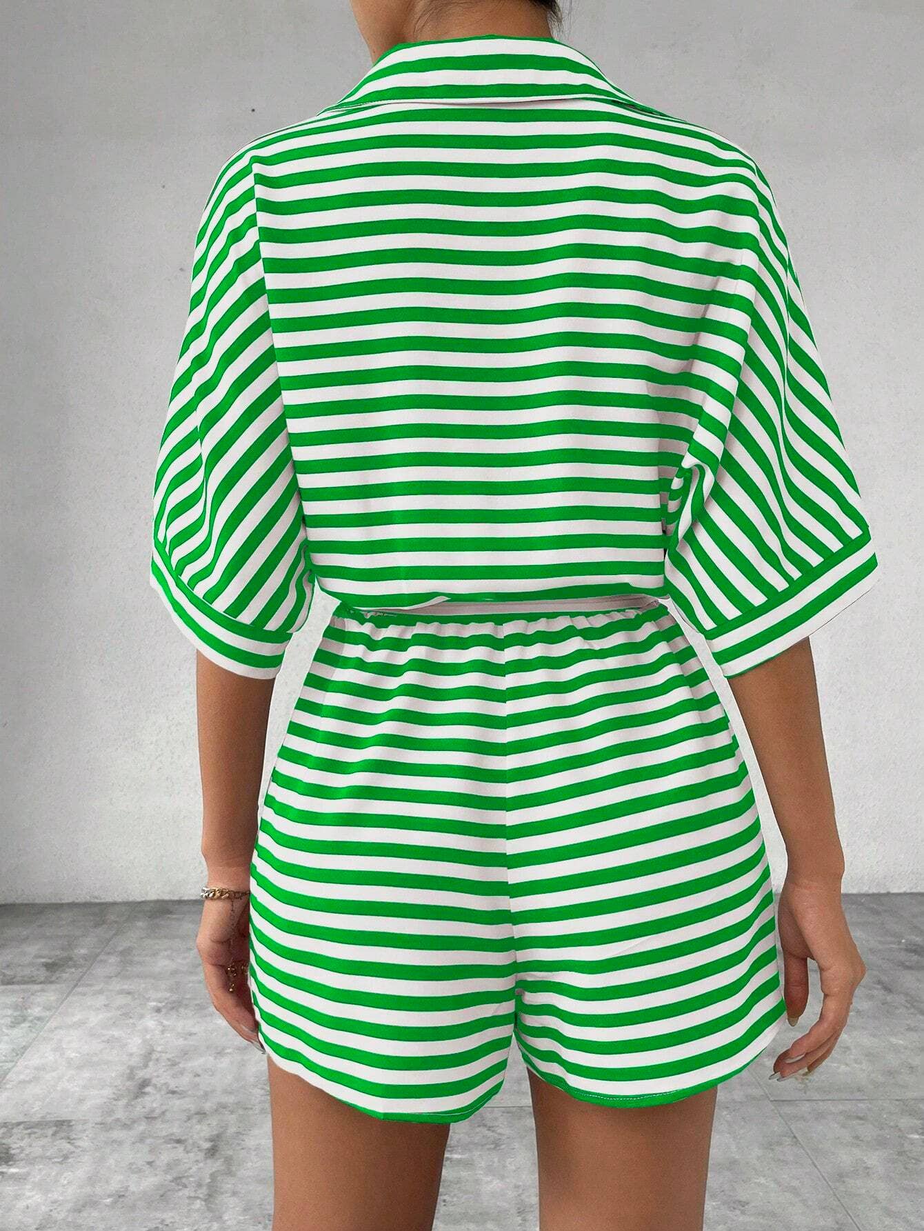 Striped Lapel Belted Shorts Short Sleeved Onesie