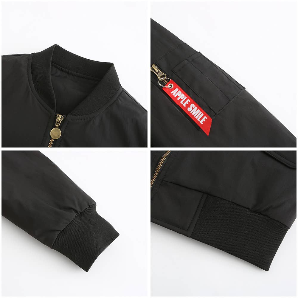 Solid Color Zipper Bomber Jacket