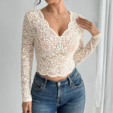 Solid-Color Sexy Lace V-Neck Long-Sleeved T-Shirt