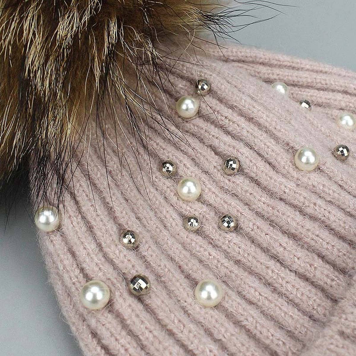 Women¡¯S Knit Beanie With Pearl & Fur Pom_Cwah04987