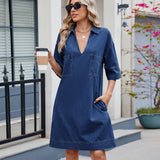 V-Neck Lapel Loose Solid Color Denim Dress