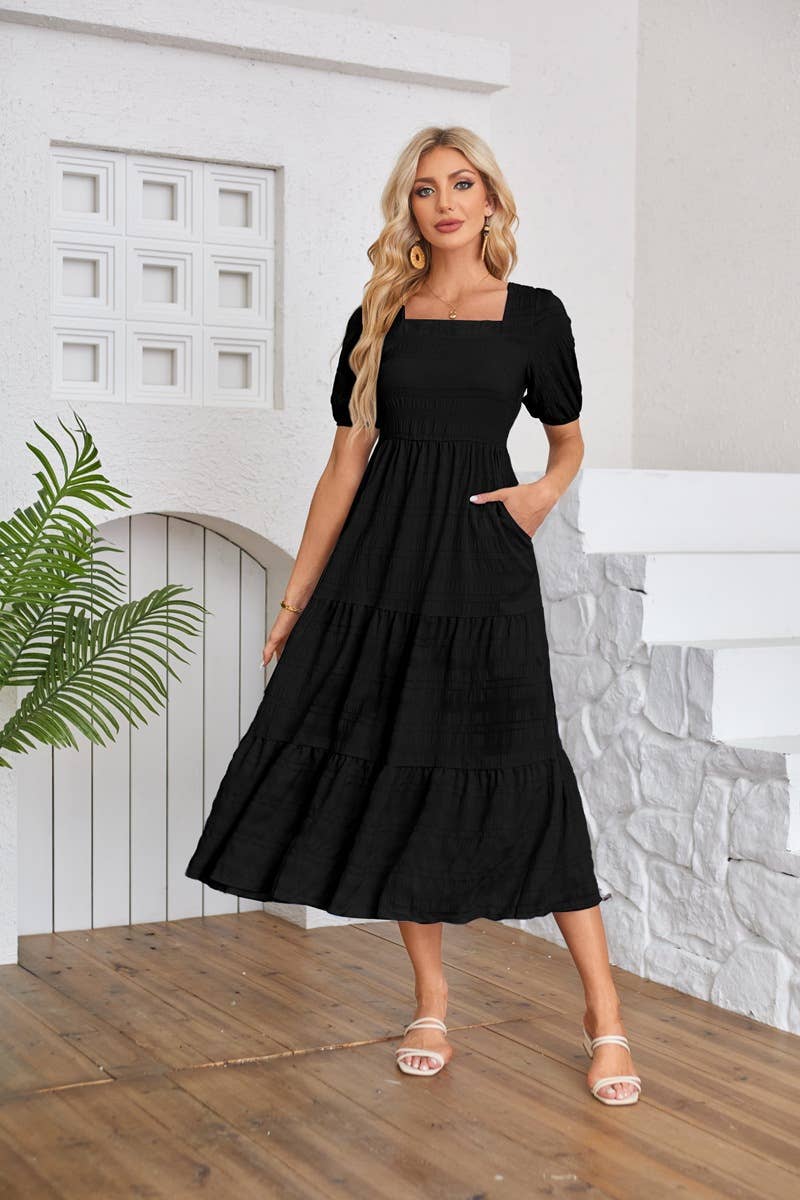 Square Neck Pleated Short-Sleeved Dress