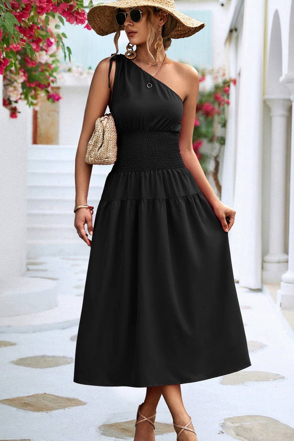 CWDMD2774_SOLID ONE SHOULDER PLEATED MIDI DRESS