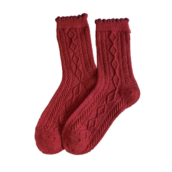 Warm Red Wool Thick Crew Socks For Women_Cwms03294
