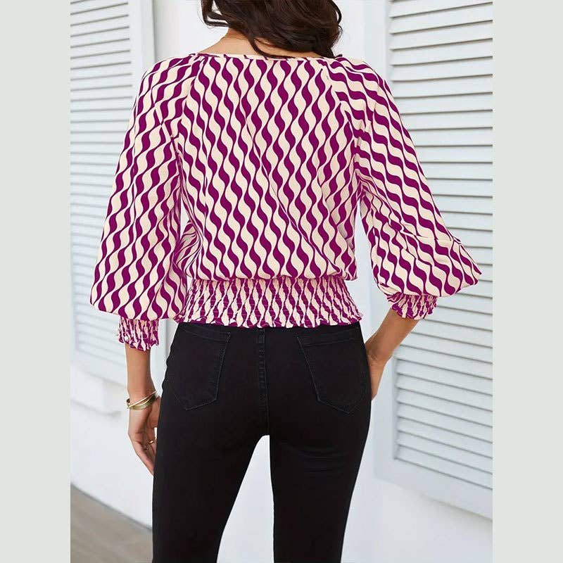 Waist-In Color Contrast Printed Long Sleevet-Shirt