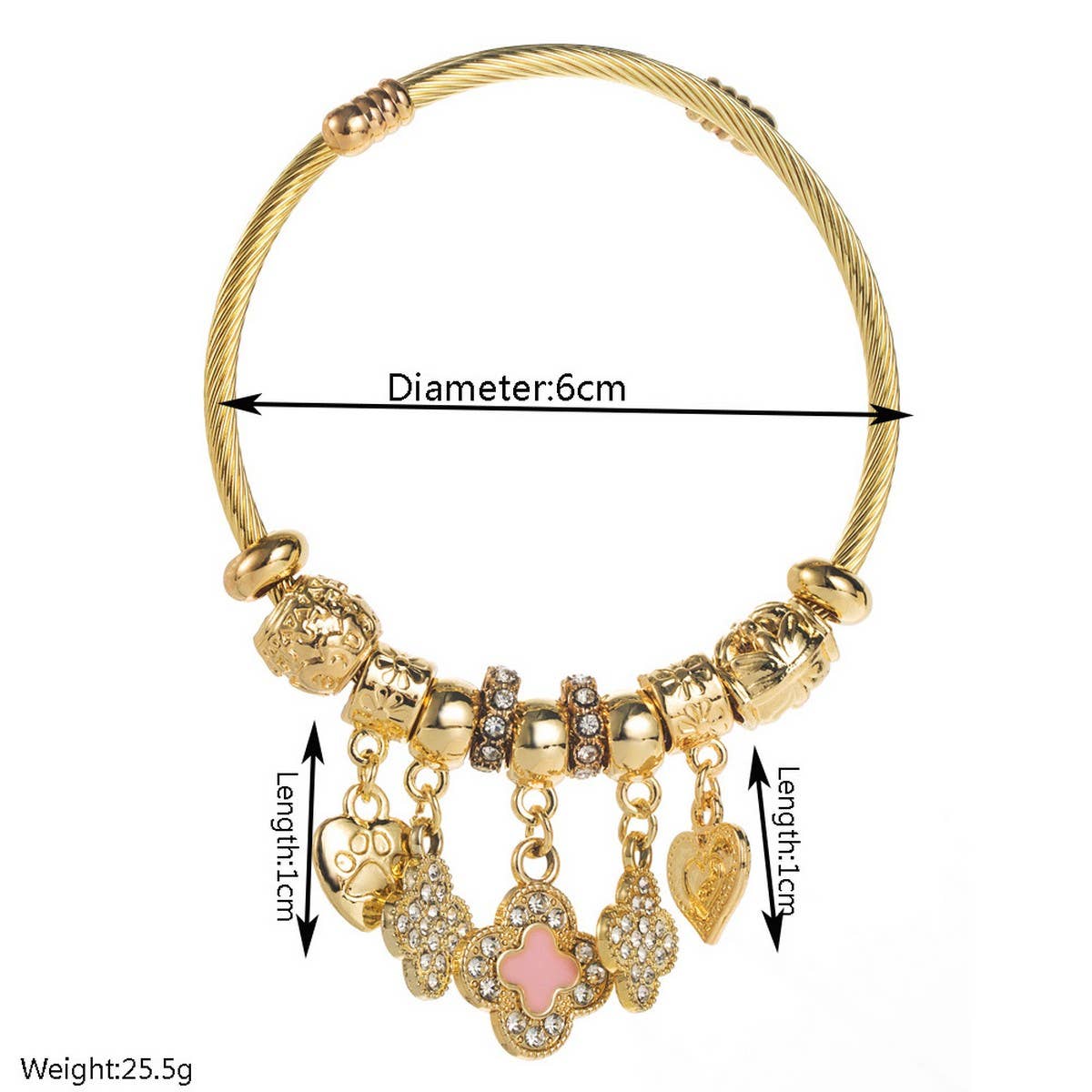 Trendy Gold Clover Heart Charm Bracelet_Cwmm8491
