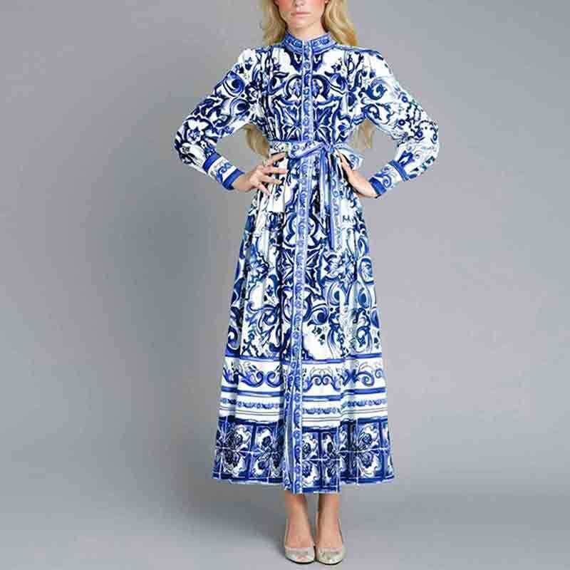 Stand Collar Single-Breasted Printed Dress